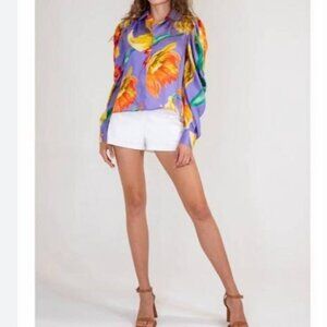 Lavender Brown Saylor Top Purple Multi Floral Button-Up Womens Blouse, S